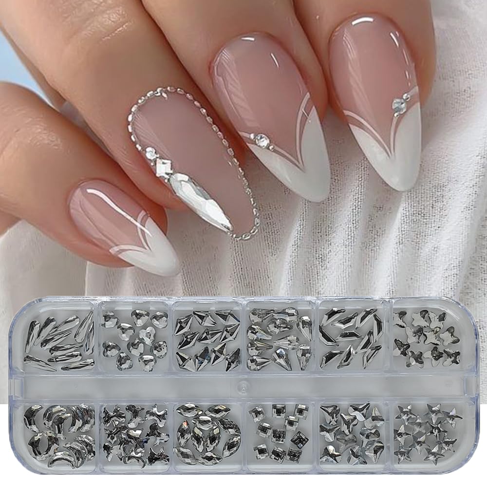 S.A.V.I White 3D Resin Rhinestones for Nail Art – 12 Shapes Box | Mixed Sizes 3mm-10mm | Nail Decoration Gems for DIY Manicure & Pedicure Design, Crafts, Jewelry Making (12 Sections)