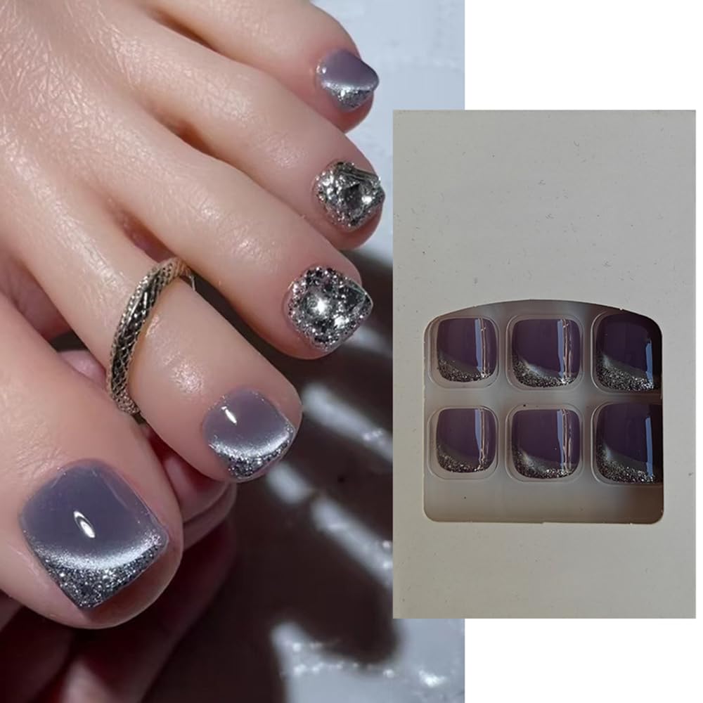 S.A.V.I 24 Pcs Light Purple Glitter Toe False Nails | Short Natural Shape Press On Nails for Women Girls | Easy to Apply, Durable Stylish DIY Pedicure | Salon-Quality Fake Nails Set Online