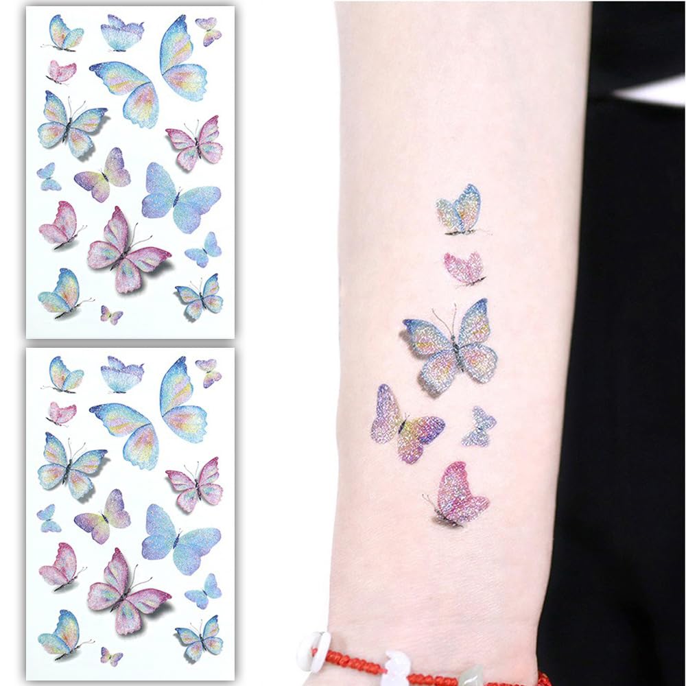 S.A.V.I 2PCS Glittery Butterfly Temporary Tattoo Stickers – Multicolor Shimmer Waterproof Body Art Sheets (12cm x 7.5cm) – Kids Adults Tattoos for Parties, Festivals, Fashion Accessories