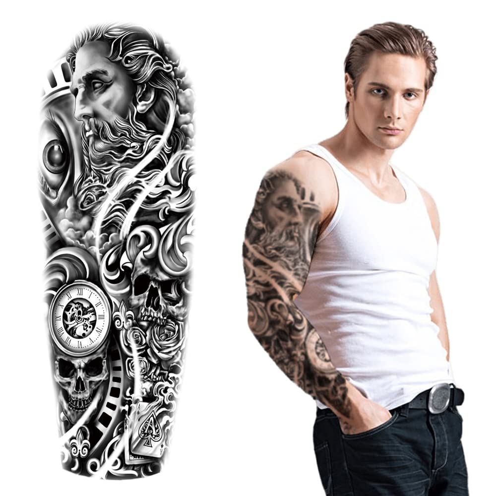 S.A.V.I Full Arm Tattoo, Clock, Skull, Vikings Stylish Temporary Tattoo Sticker, Size 48x17CM