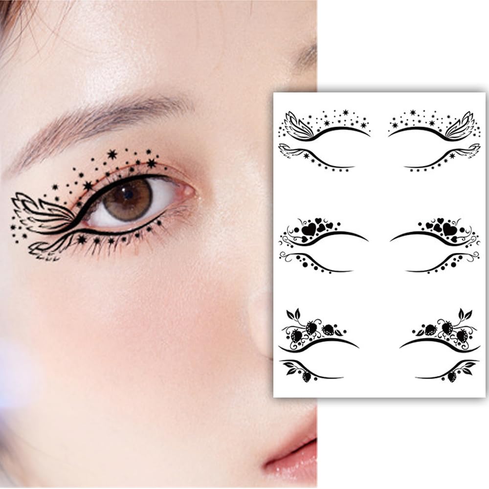 S.A.V.I 3 Pairs Elegant Black Temporary Eye Tattoos for Women | Eyeliner Stickers with Floral, Star Artistic Designs | Waterproof, Long-Lasting Makeup for Festivals, Parties Weddings | Easy to Apply
