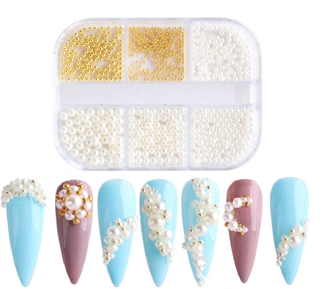 S.A.V.I 6 Mixed Sizes Full Circle Metal Steel Beads Balls Natural Color Pearl Nail Art