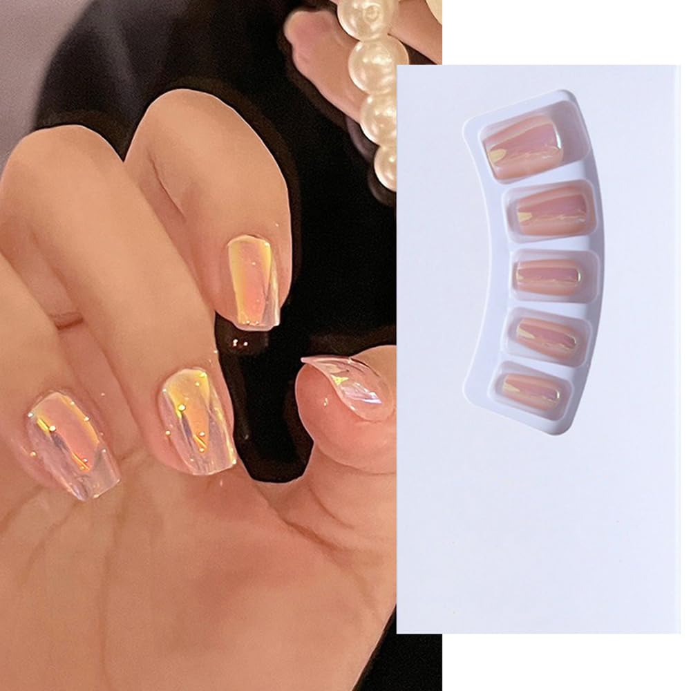 S.A.V.I Aurora Mirror Press-On Nails - 24 Pc Set, Medium Square, Adhesive Tabs Glue Included