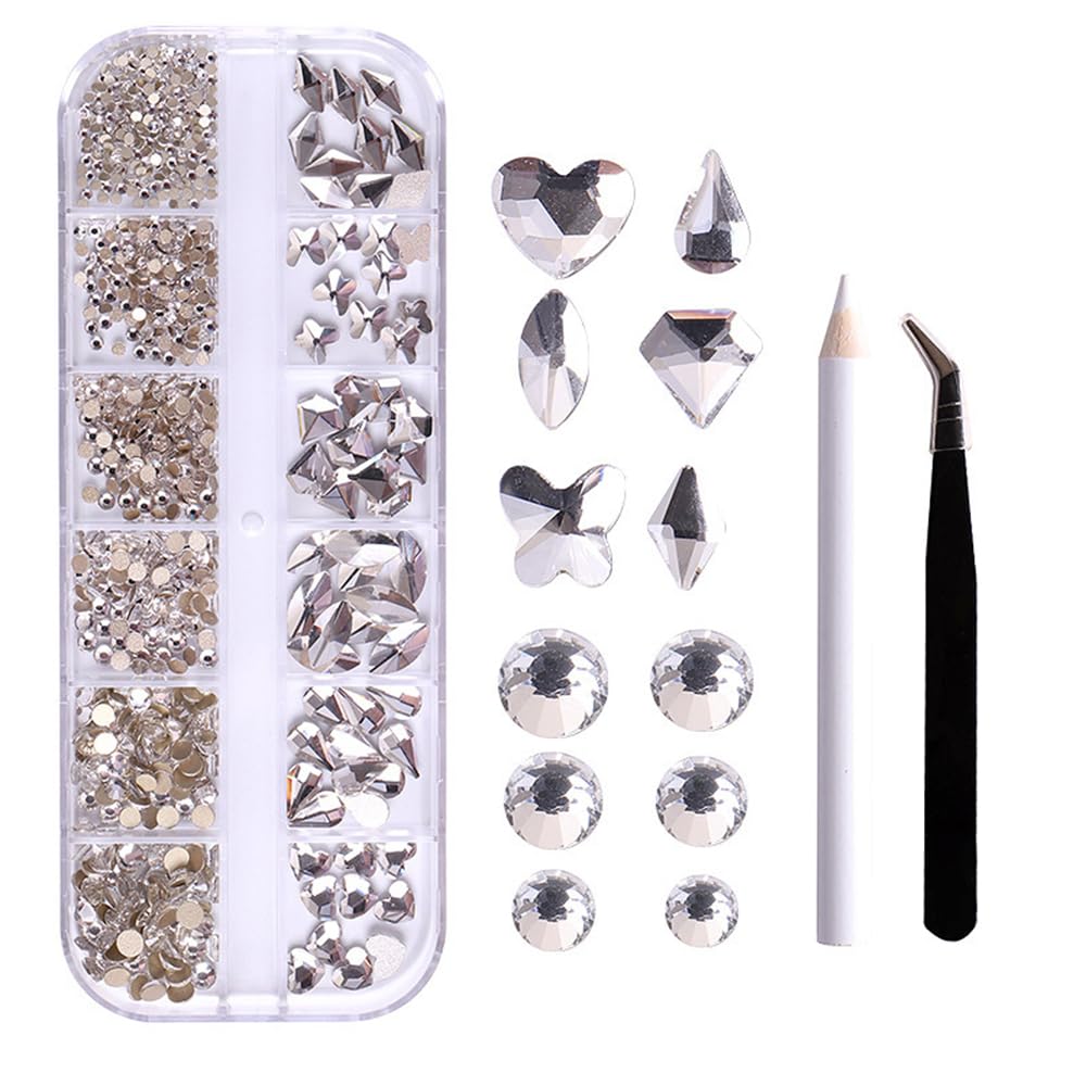 S.A.V.I Crystal Nail Art Rhinestones Kit – 3D Flatback Glass Stones in 6 Shapes & Sizes – Nail Gems for Women & Girls – Silver DIY Manicure Decoration with Picker Pencil & Tweezer