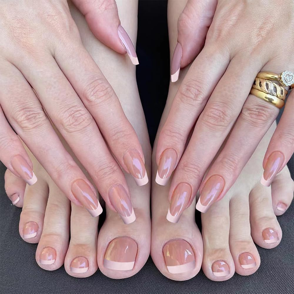 S.A.V.I 48 Pcs Nude French Coffin Press On Nails Combo for Hands & Feet | Long Glossy Fake Nails Set | Reusable Manicure & Pedicure Tips Kit for Women & Girls | Nail Art Extension Look