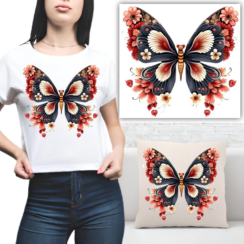 S.A.V.I 1PC Butterfly Flower Iron-On Applique Patch – 8-8.5in Stylish Floral Design – Washable Heat Transfer Sticker for DIY T-Shirts, Hoodies, Jeans, Backpacks, Pillows – Easy Application Durable