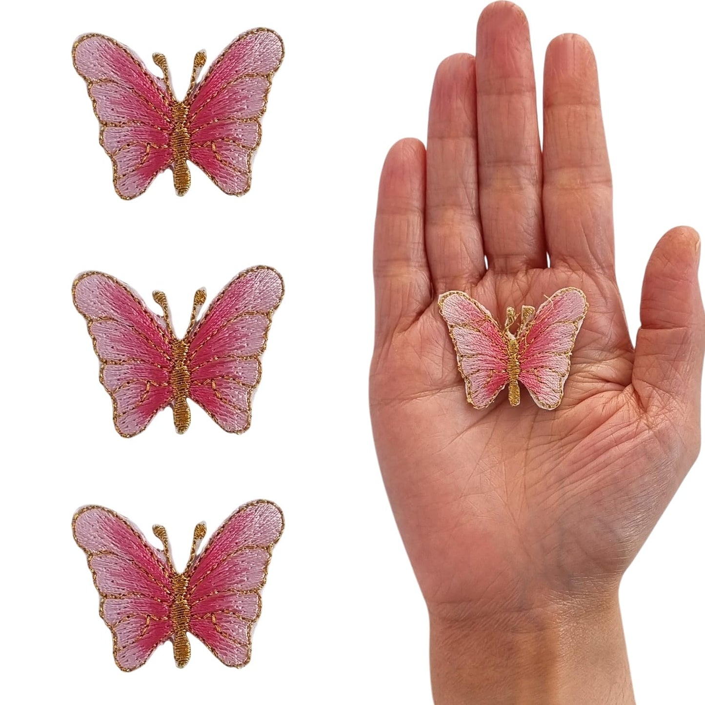 S.A.V.I 3PCS Pink Butterfly 3D Embroidered Iron-On Patch | DIY Appliques for T-Shirts, Jeans, Backpacks Clothes | Pre-Glued, Easy to Apply Fabric Sticker (3.8x3cm) for DIY Accessories (Pink)