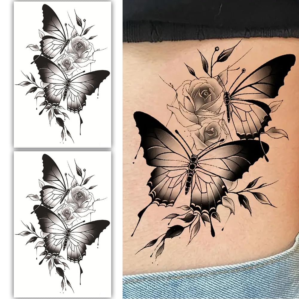 S.A.V.I 2 Sheets Black Butterfly Rose Temporary Tattoos - Waterproof, Long-lasting, Large 19x12cm | Realistic Floral Body Art for Girls Women - Perfect for Parties Events