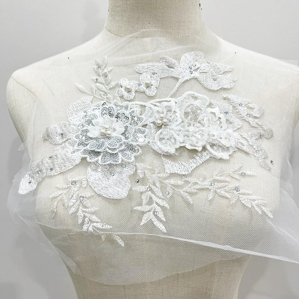 S.A.V.I 3D White Floral Embroidered Applique Patch | Pearl Sequin Beaded Mesh Lace | 9.8x7.8 in | DIY Sewing for Bridal, Saree, Lehenga, Gown, Blouse, Dupatta Ethnic Wear | Craft Decor