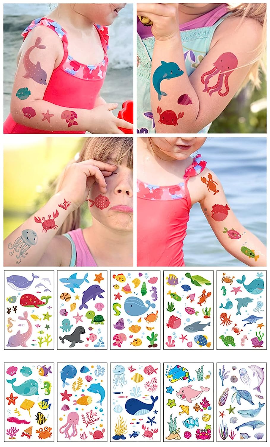S.A.V.I 10 Sheets Whales, Fish Colorful Temporary Tattoo Stickers For Kids