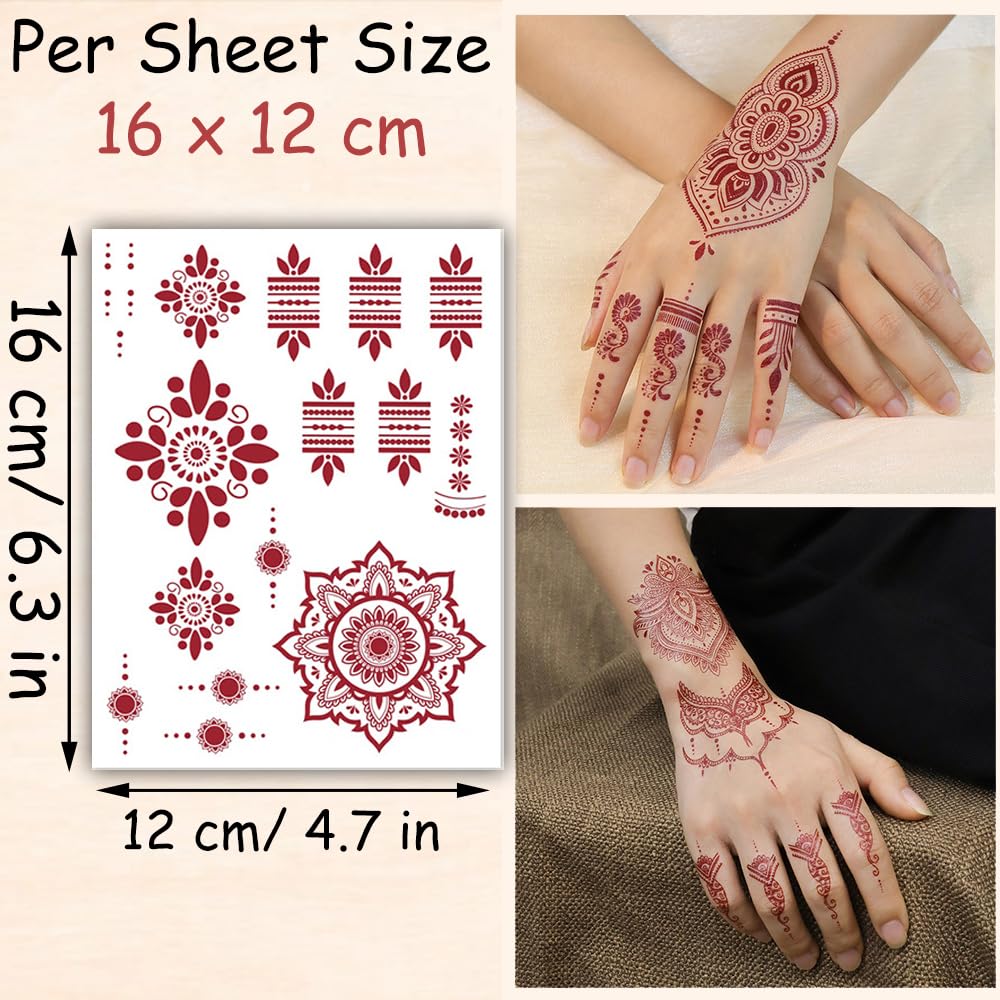 S.A.V.I 2 Sheets - Red Mehndi Style Temporary Tattoo Stickers for Women & Girls (16x12cm) | Floral Net Design | Waterproof, Safe, Non-Toxic Body Art for Hands – Easy to Apply & Remove (#50)