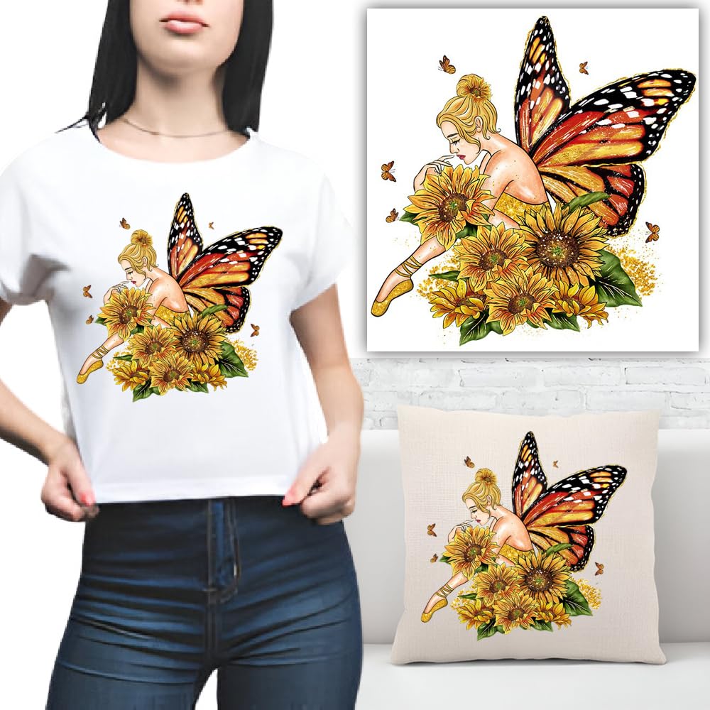 S.A.V.I 1PC Butterfly Fairy Applique Patch | Iron-On Heat Transfer Sticker for DIY T-Shirts, Hoodies, Jeans, Backpacks | Washable Sunflower Design, 7.5x8 in, Easy to Apply