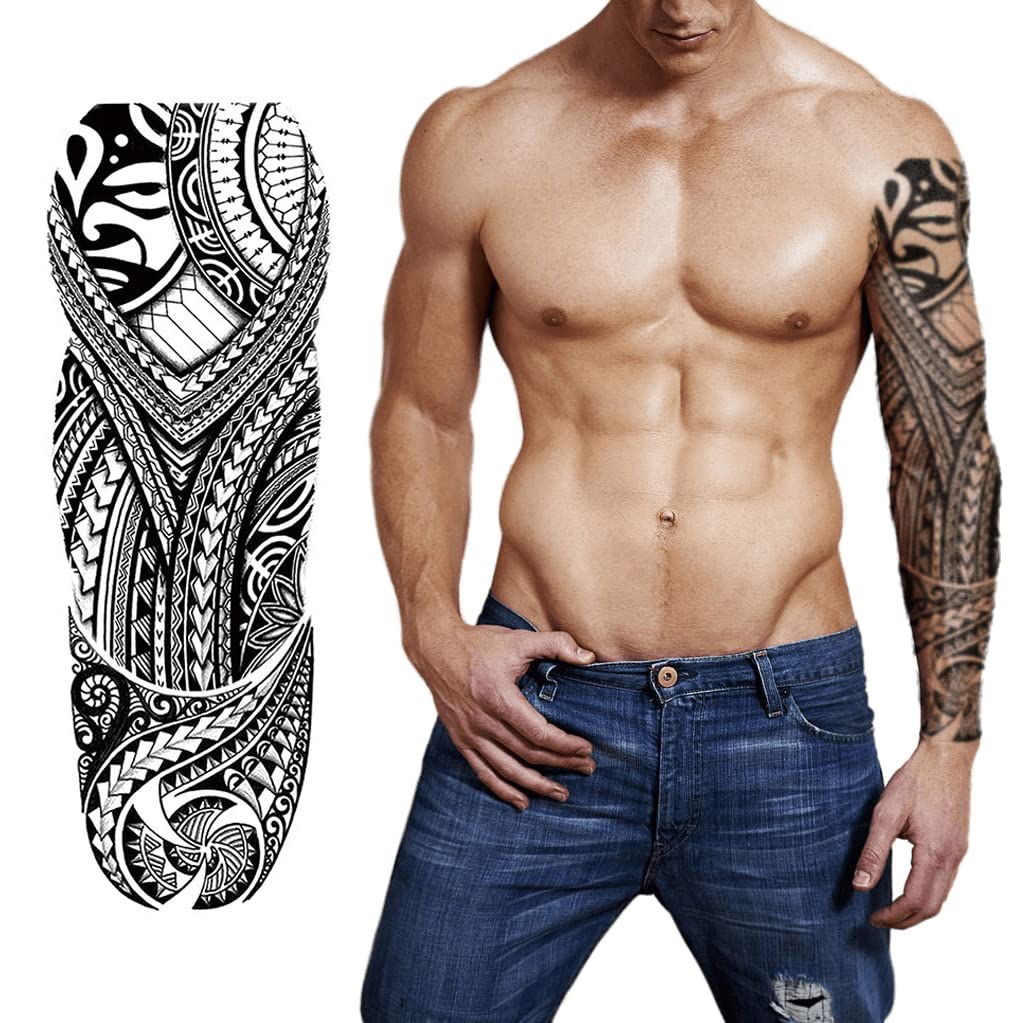 S.A.V.I Full Arm Tattoo, Mandala Art, Ancient Tribal Totem Temporary Tattoo Sticker, Size 48x17CM