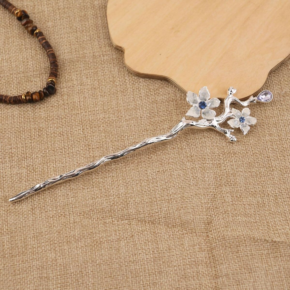 S.A.V.I Silver Cherry Blossom Hair Stick for Women & Girls | 16cm Floral Bun Pin with Crystal Accents | Elegant Traditional & Party Hair Accessory