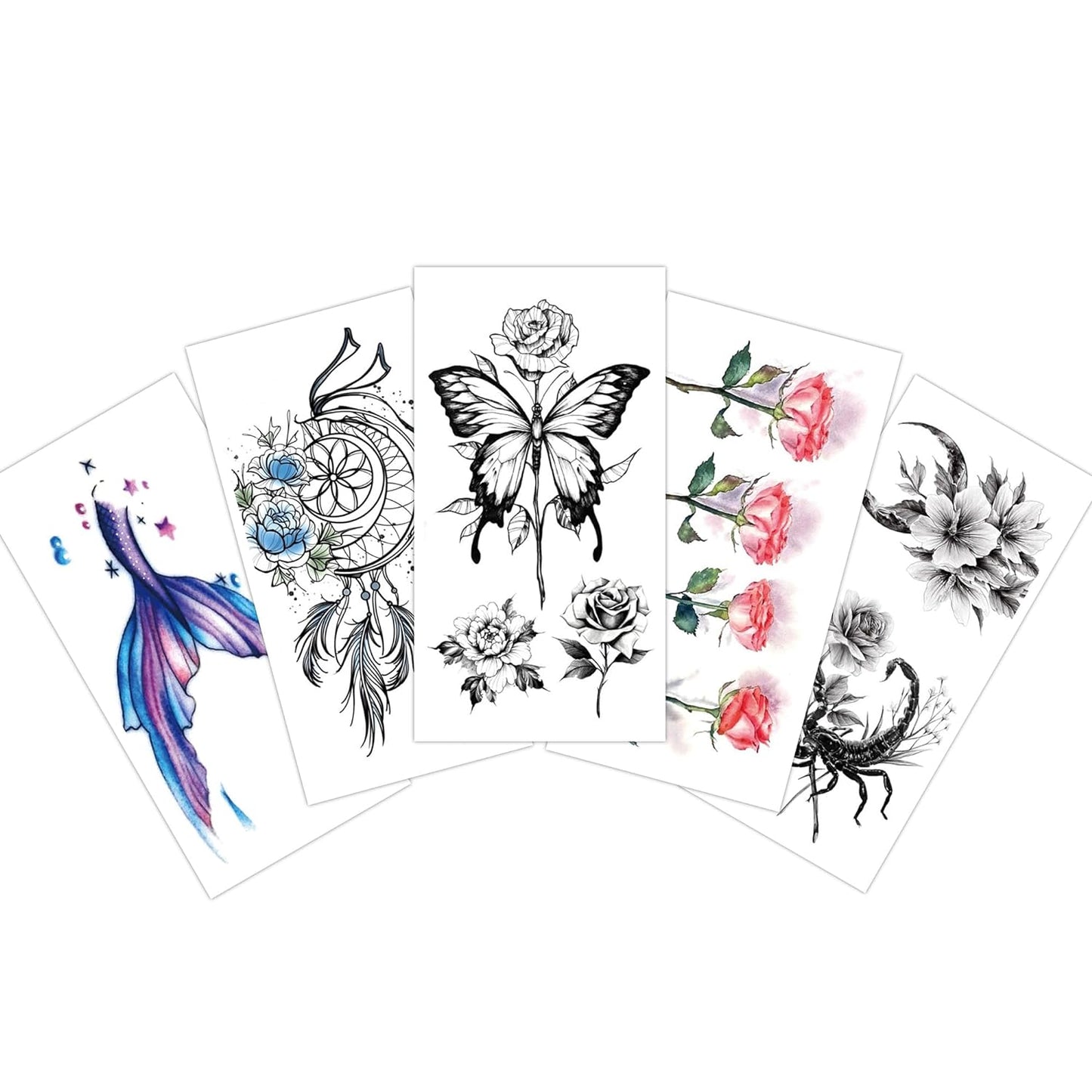 S.A.V.I 5pcs Tattoo Stickers Combo - Butterfly, Roses, Dreamcatcher, Scorpio Designs - For Men Women, 10.5x6cm