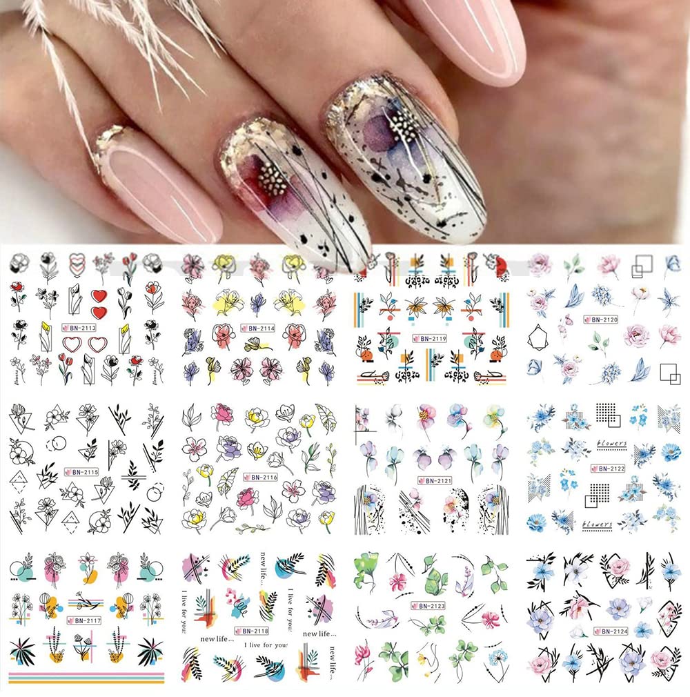 S.A.V.I 12 Sheets Colorful Flower Leaves, Water Transfer Nail Sticker, Decals DIY for Manicure