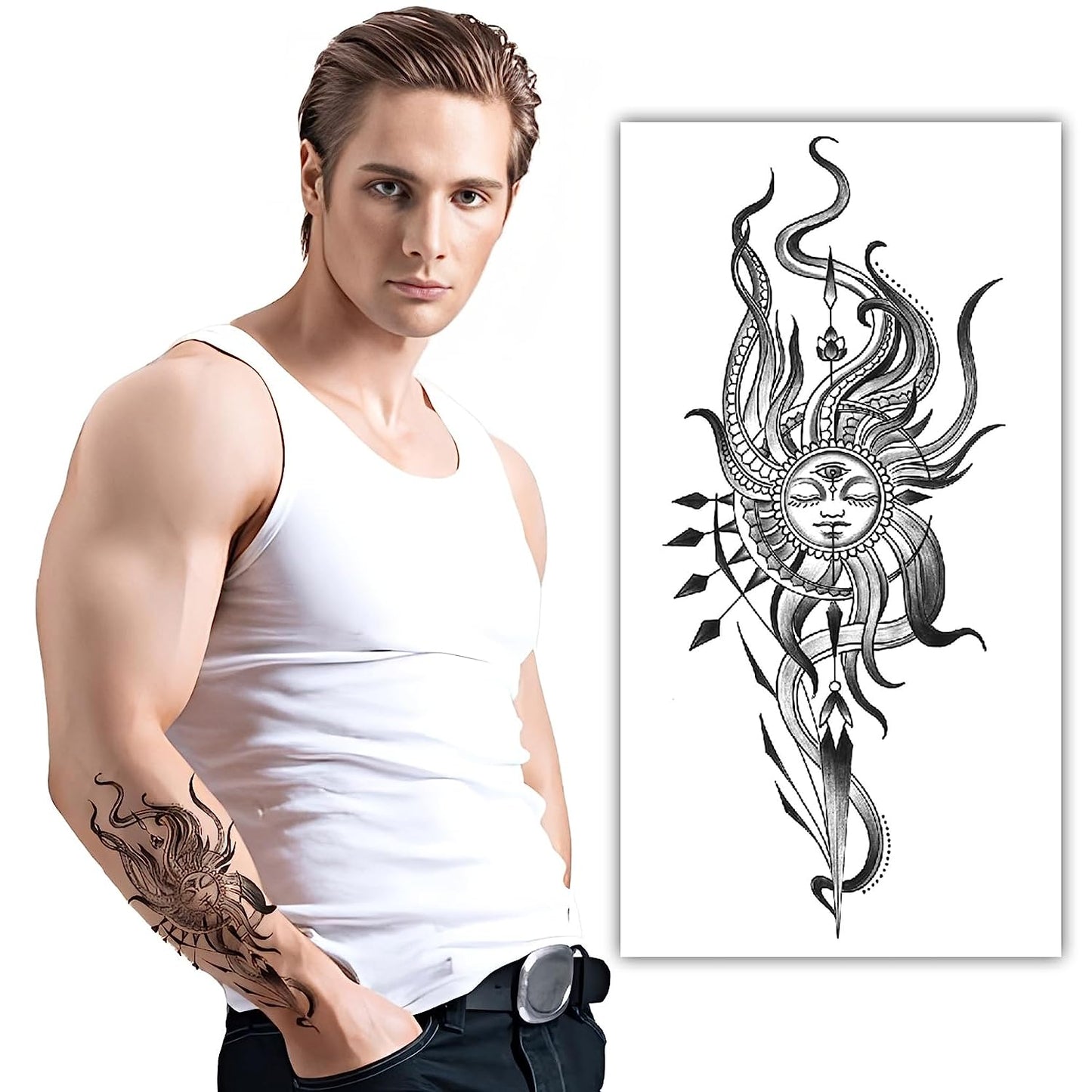 S.A.V.I Tribal Sun God Temporary Tattoo Sticker - Waterproof, Black Color, 21x11cm - Men and Women