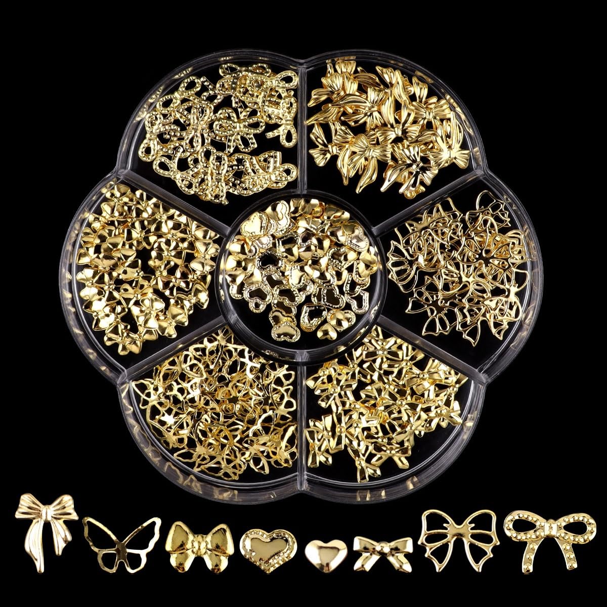 S.A.V.I Gold Alloy 3D Nail Art Charms Set – 7 Designs Bow & Heart Shapes, 8x10mm – Metal Nail Extensions & DIY Manicure Decorations for Women & Girls – 29g