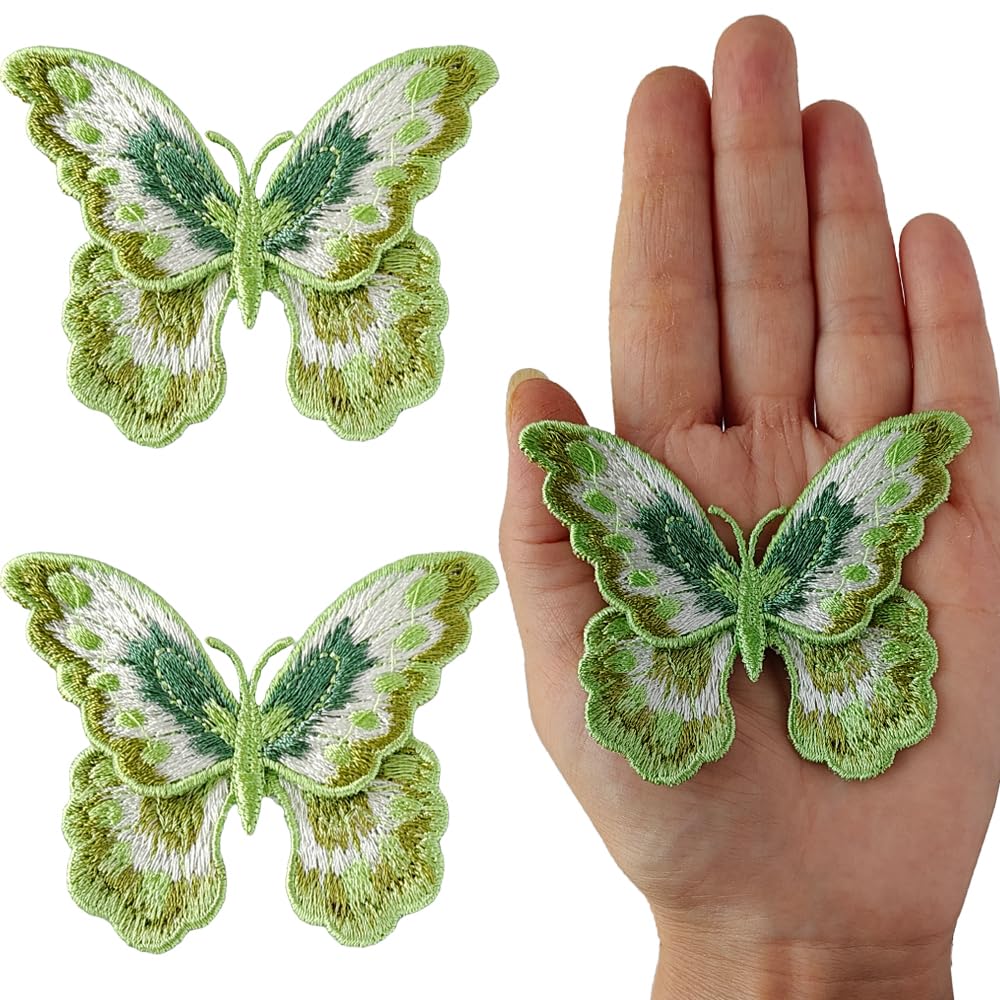 S.A.V.I 2PCS, Green White Butterfly Embroidered Patch, Sew-On Appliqué, Perfect for DIY Crafts Clothing – Durable, Washable, Ideal for Dresses, Jackets, Bags, 8x5.8 cm