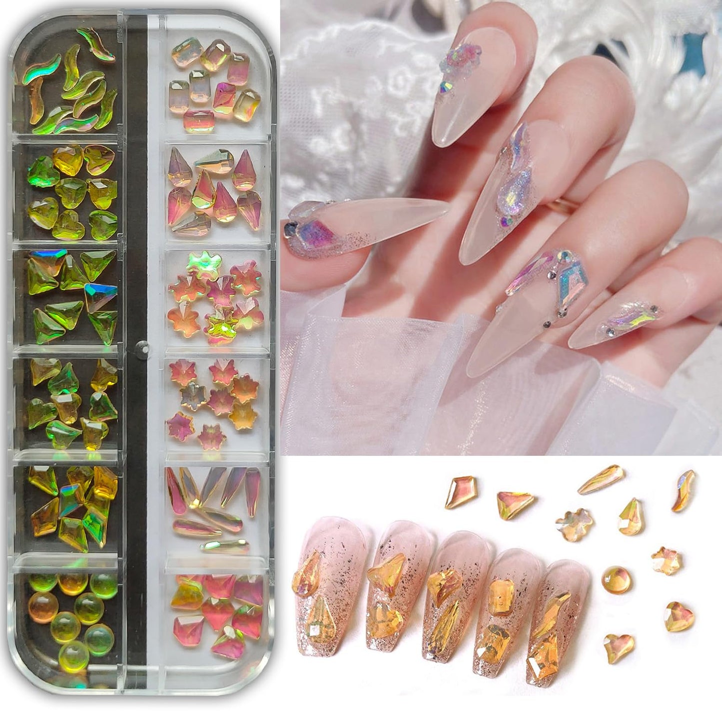 S.A.V.I 3D Aurora 12-Grid Nail Art Rhinestones - Different Shapes for DIY Manicure