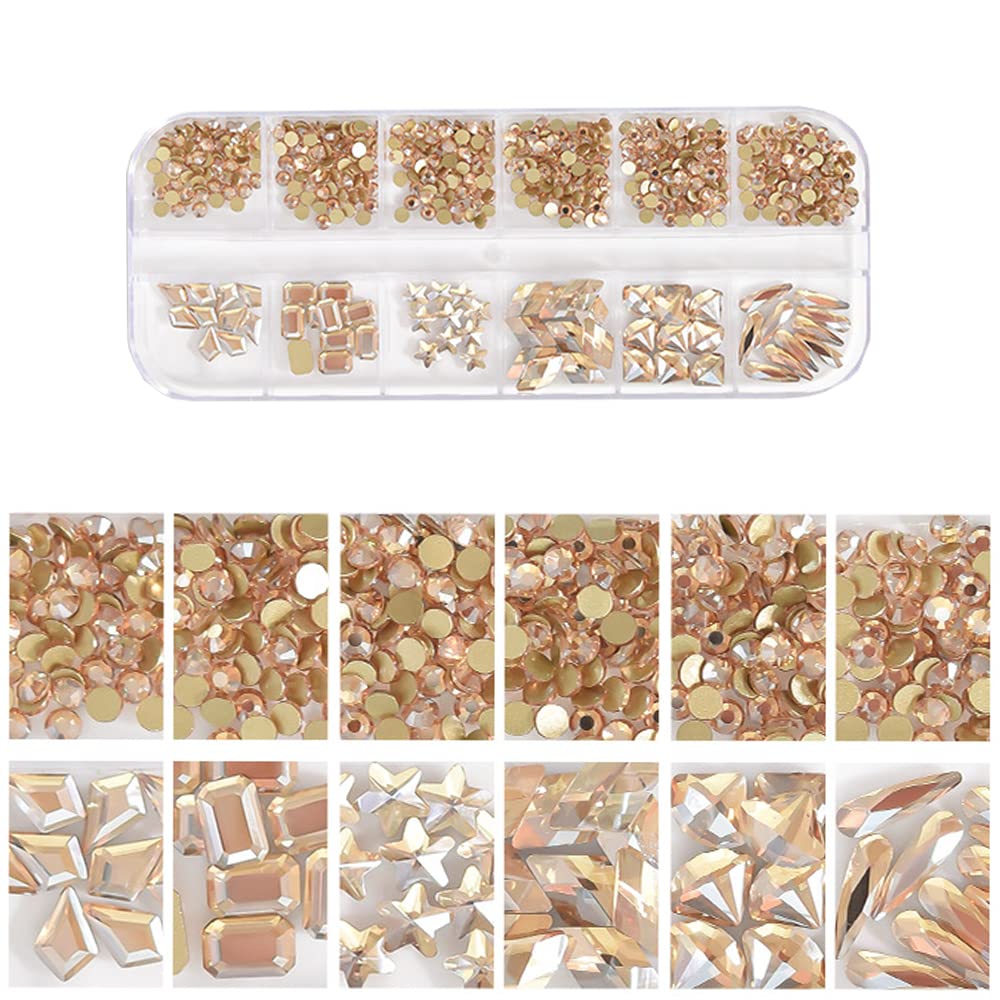S.A.V.I 12 Grid Nail Art Mix Shapes Rhinestones Decorations AB Champagne Color Flat Bottom Palette