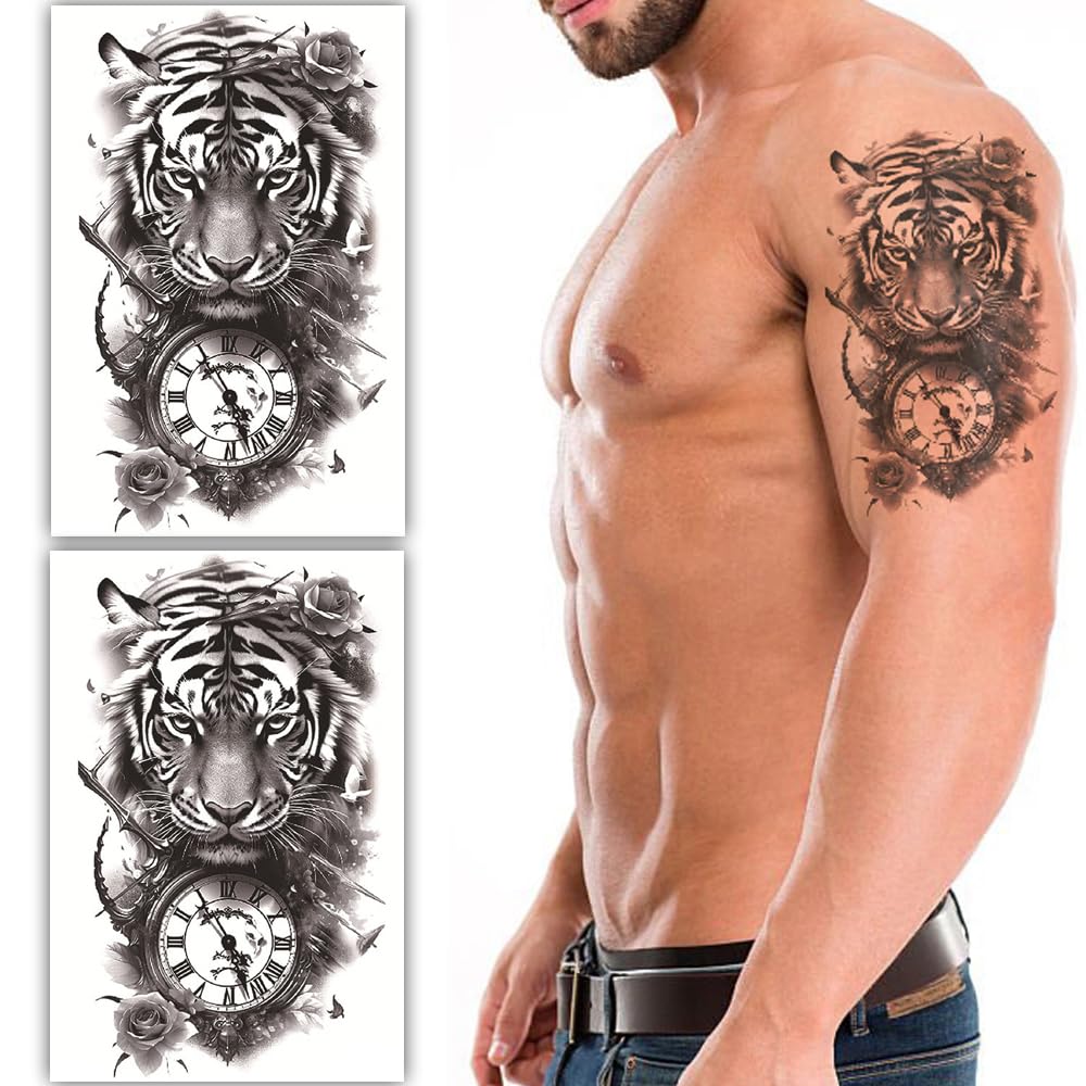 S.A.V.I 2 Sheets Black Temporary Tiger Tattoo with Clock Design - Waterproof, Large 19x12cm - Long-Lasting Body Art Stickers for Men Women - Easy Application Removal