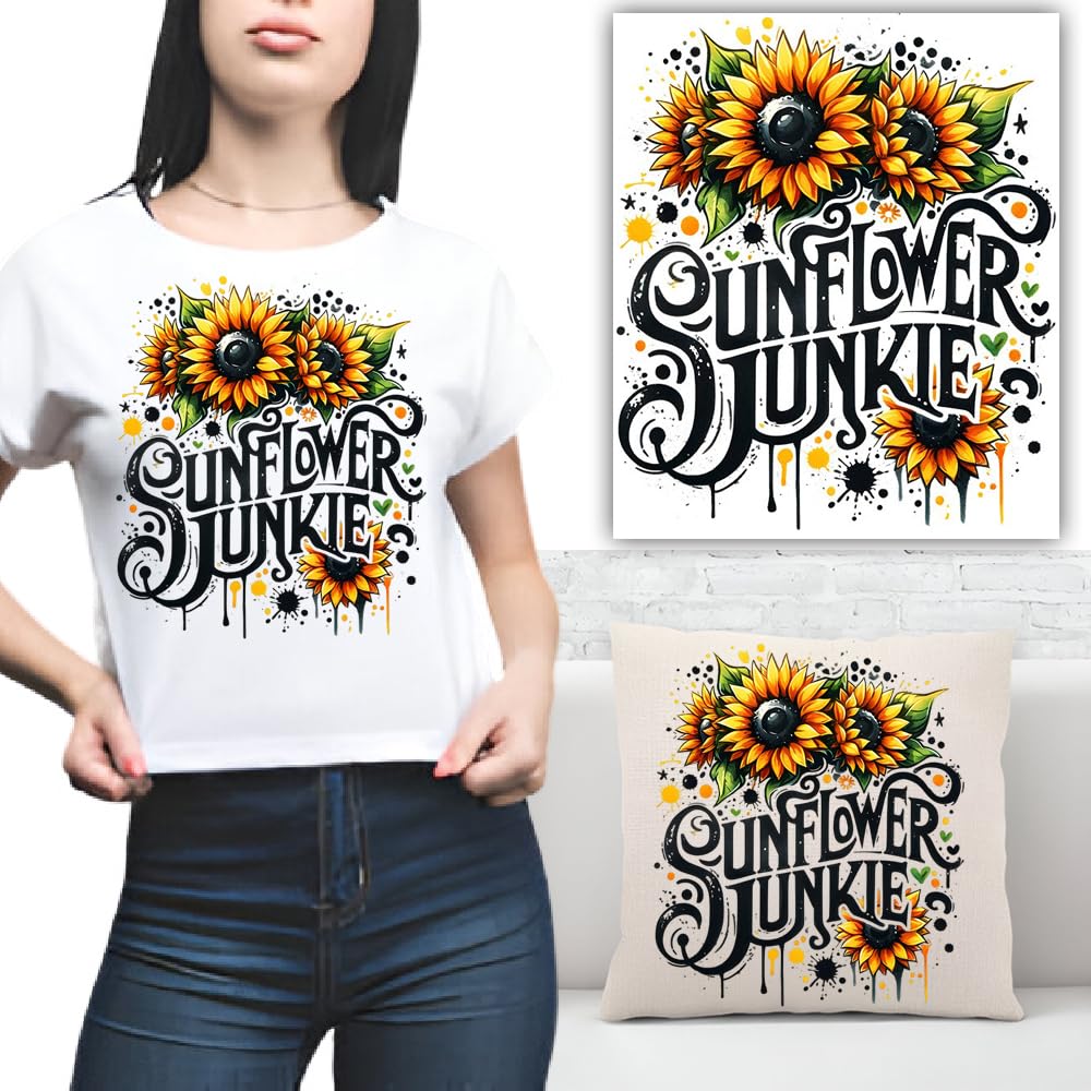 S.A.V.I Sunflower Junkie Iron-On Heat Transfer Patch - 1PC, 8.5x7 Inch DIY Fabric Sticker for T-Shirts, Hoodies, Bags, Denim Pillows - Bright Sunflower Design, Washable Durable, Easy Application