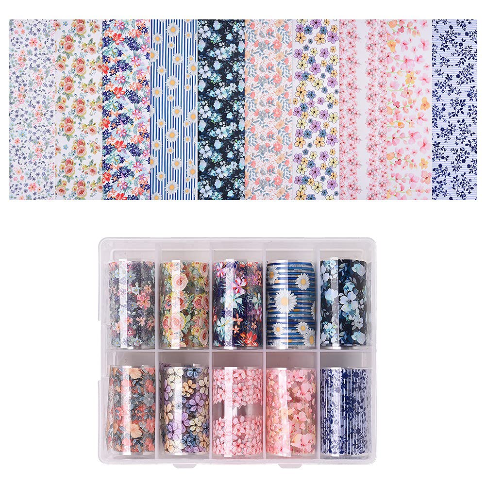 S.A.V.I 10 Rolls Nail Foil Transfer Sticker DIY Holographic Nail Decoration, 10 Designs Colorful Flowers Pattern Nail Foil Wraps