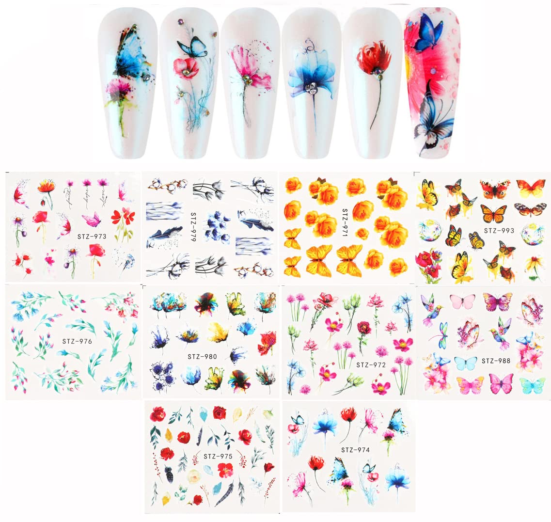 S.A.V.I 10 Sheets Water Transfer, Nail Stickers Decals, Flower Butterfly Leaf, Decorations DIY Manicure