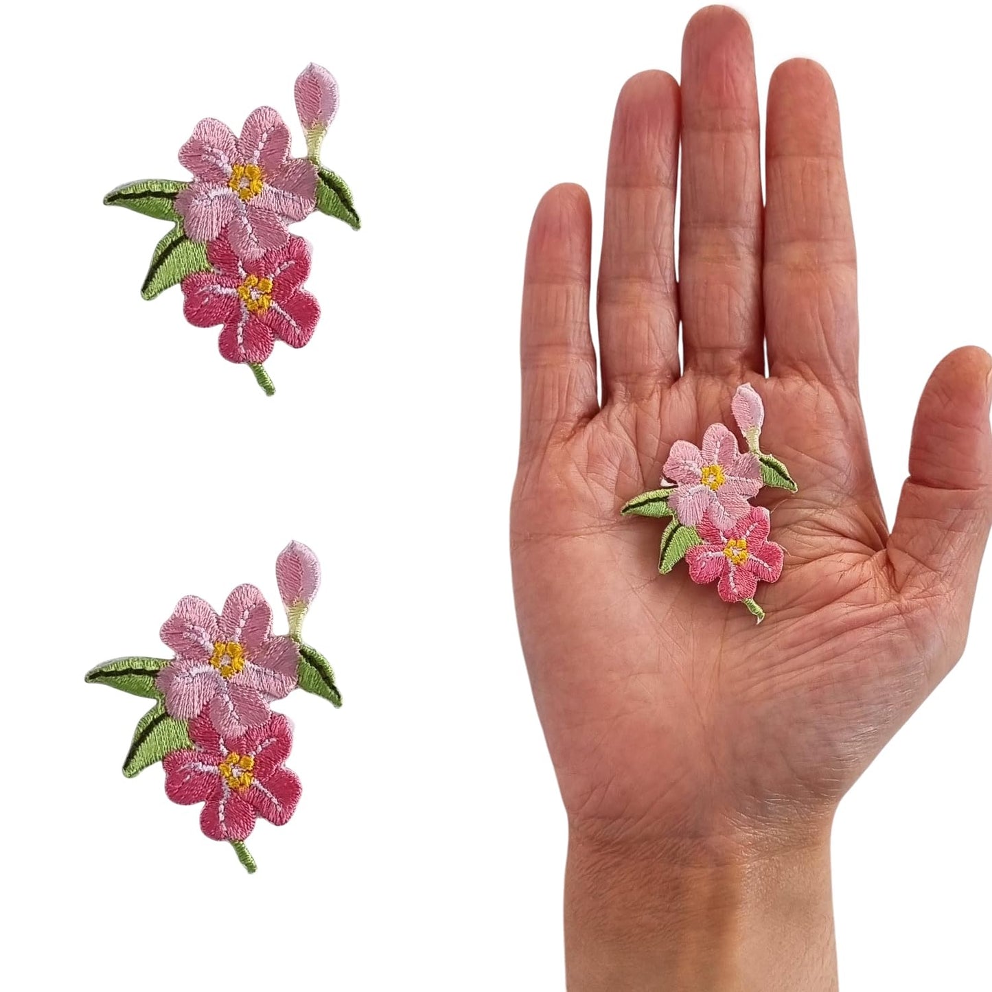 S.A.V.I 2PCS 3D Embroidered Floral Iron-On Patches | Pink Green Blossom Applique for DIY Clothes, Jeans, T-Shirts, Jackets, Backpacks | Pre-Glued Heat Press Fabric Patch Easy to Apply (1.7 x 1.3 in)