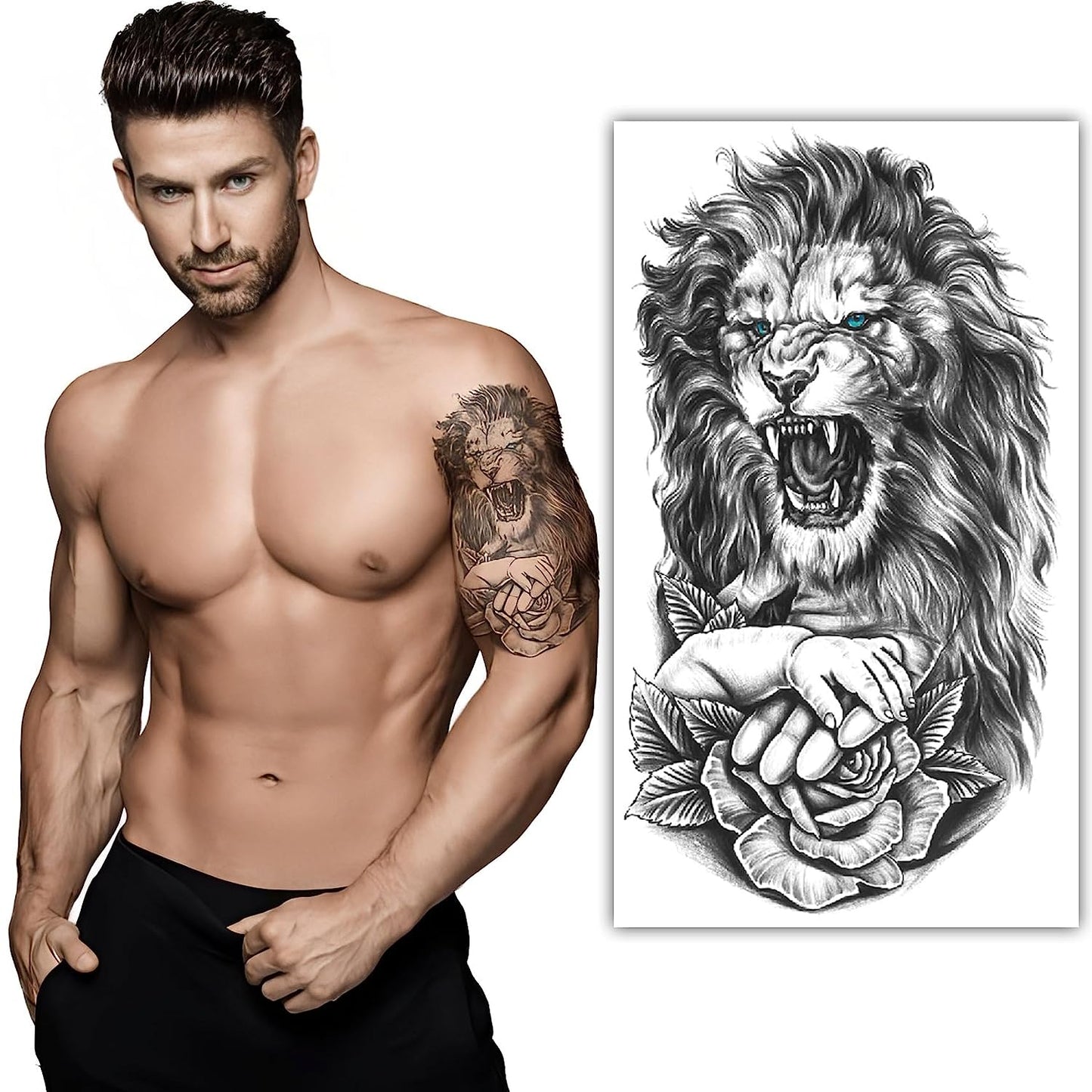 S.A.V.I Angry Lion Realistic Waterproof Temporary Tattoo Sticker - Black, Men Women, 21x11cm