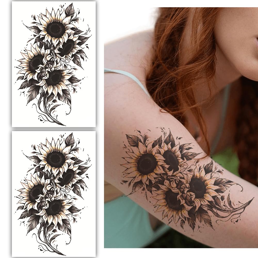 S.A.V.I 2 Large Sunflower Temporary Tattoos for Women Teens,19x12cm Sheets, Black Yellow Floral Body Art Stickers – Waterproof, Long-Lasting Fake Tattoos for Arm, Leg, Back