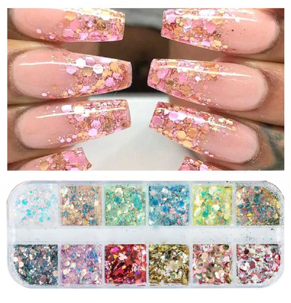 S.A.V.I 12 Grids Different Colors Mixed Sizes Sequins, Nail Art