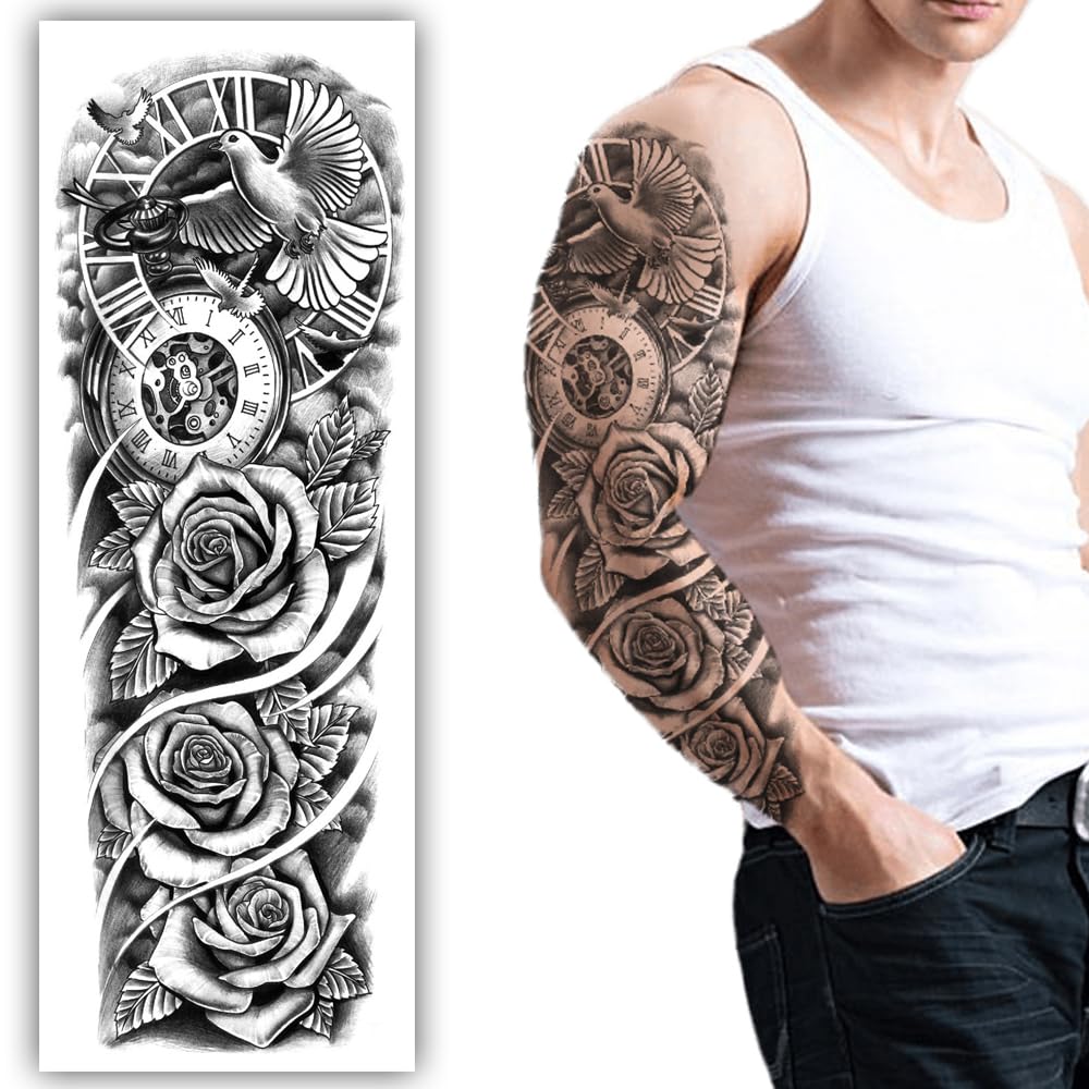 S.A.V.I Full Arm Sleeve Temporary Tattoo - Dove Fyling Bird Roses, Peace Symbol, 48x17cm, Unisex