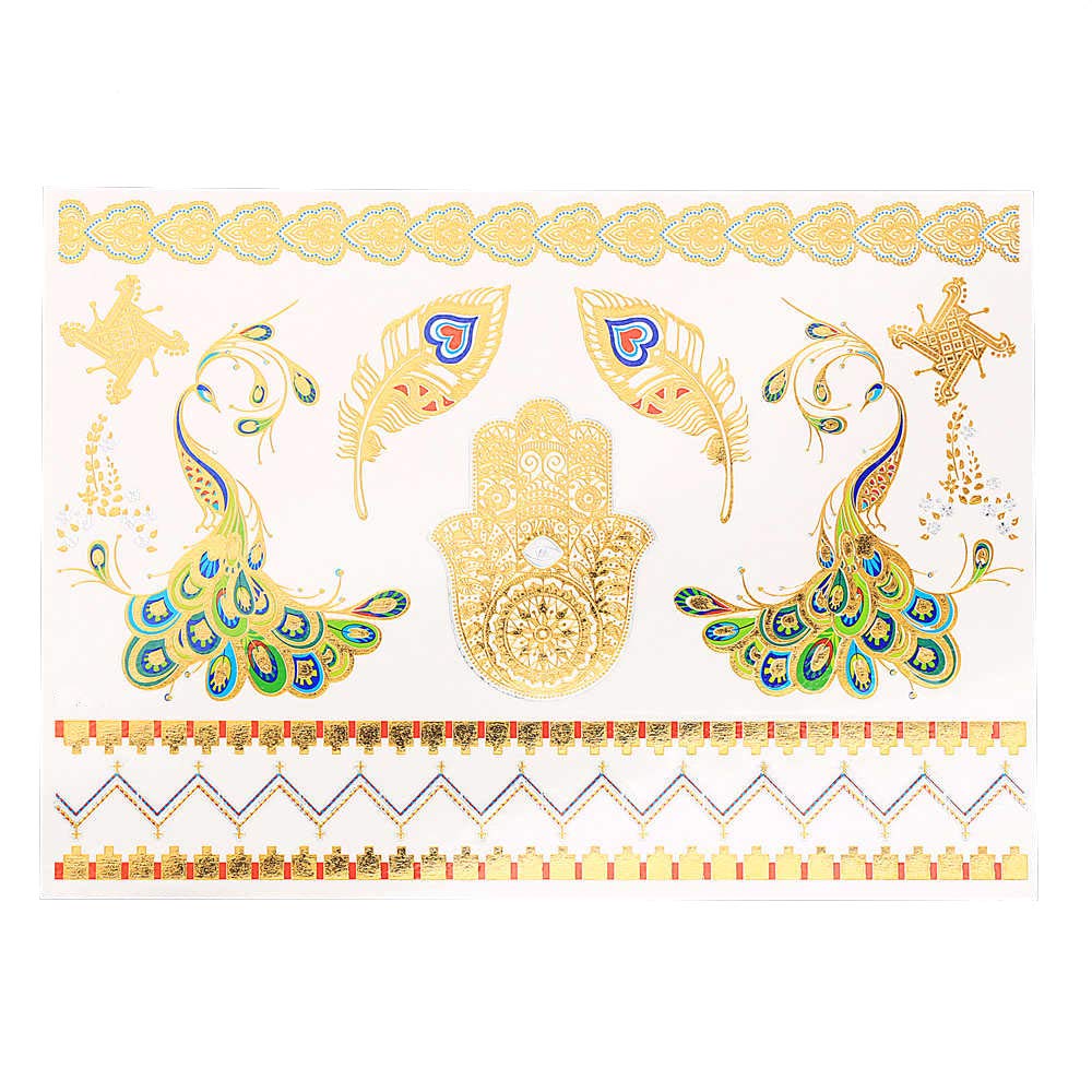 S.A.V.I 3D Temporary Tattoo Golden and Silver Metallic Sticker Colourful Butterflies Swans Peacock Design Size 21x15cm - 1pc. (74), Gold, 2 g