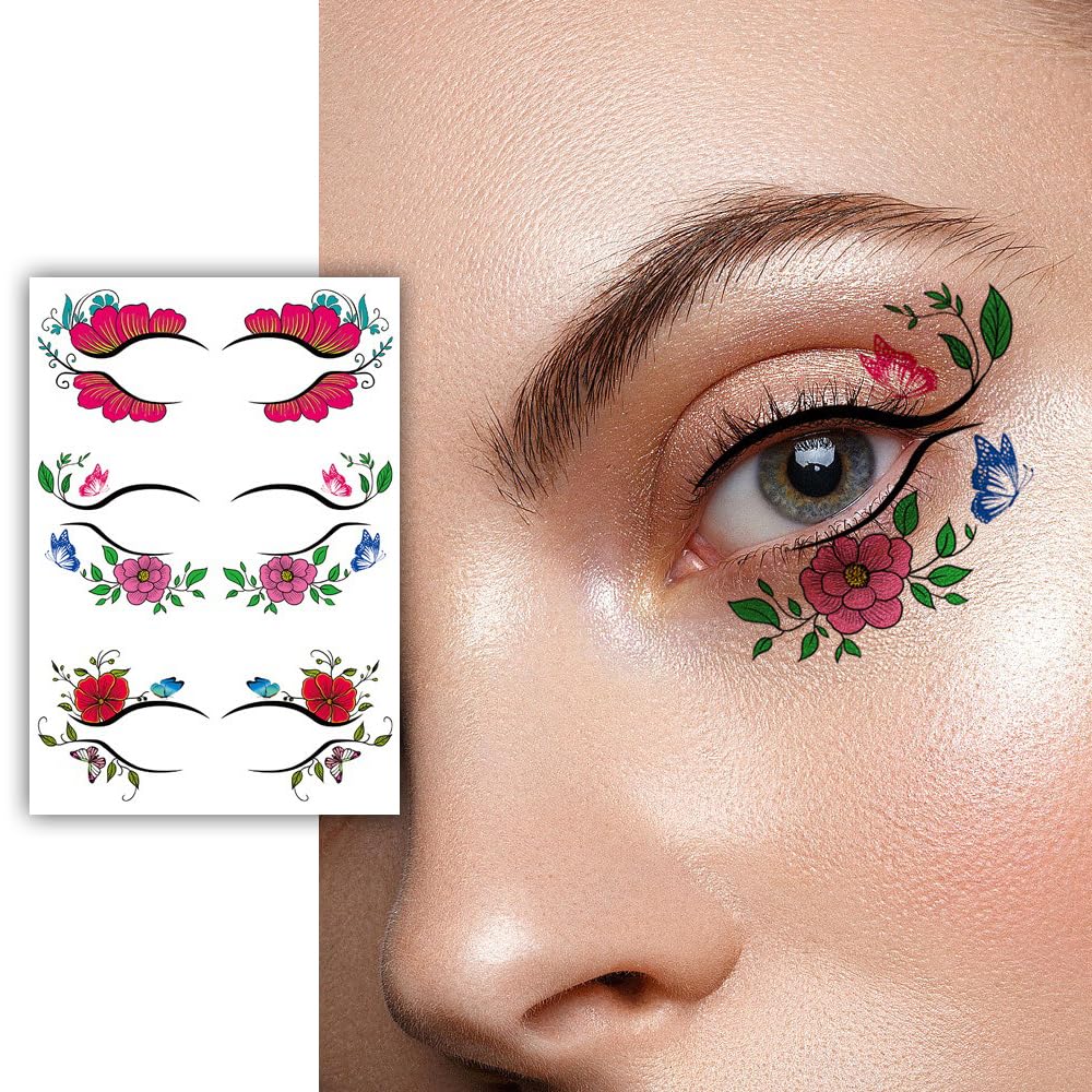 S.A.V.I 3 Pairs Floral Eye Makeup Temporary Tattoo Stickers – Waterproof Easy-to-Apply | Decorative Face Tattoos for Festive Party Looks – Nature-Inspired Designs for Women