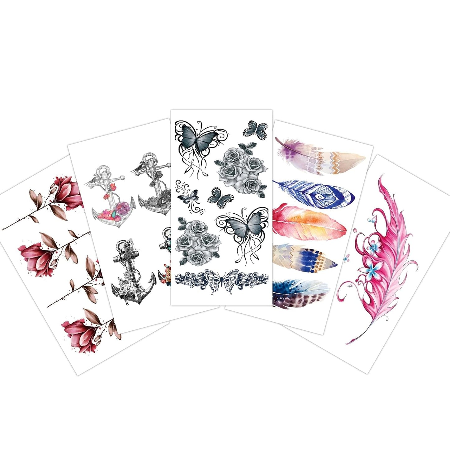 S.A.V.I 5pc Temporary Tattoo Stickers - Floral, Butterfly, Anchor Feather Designs, 10.5x6cm, for Men Women