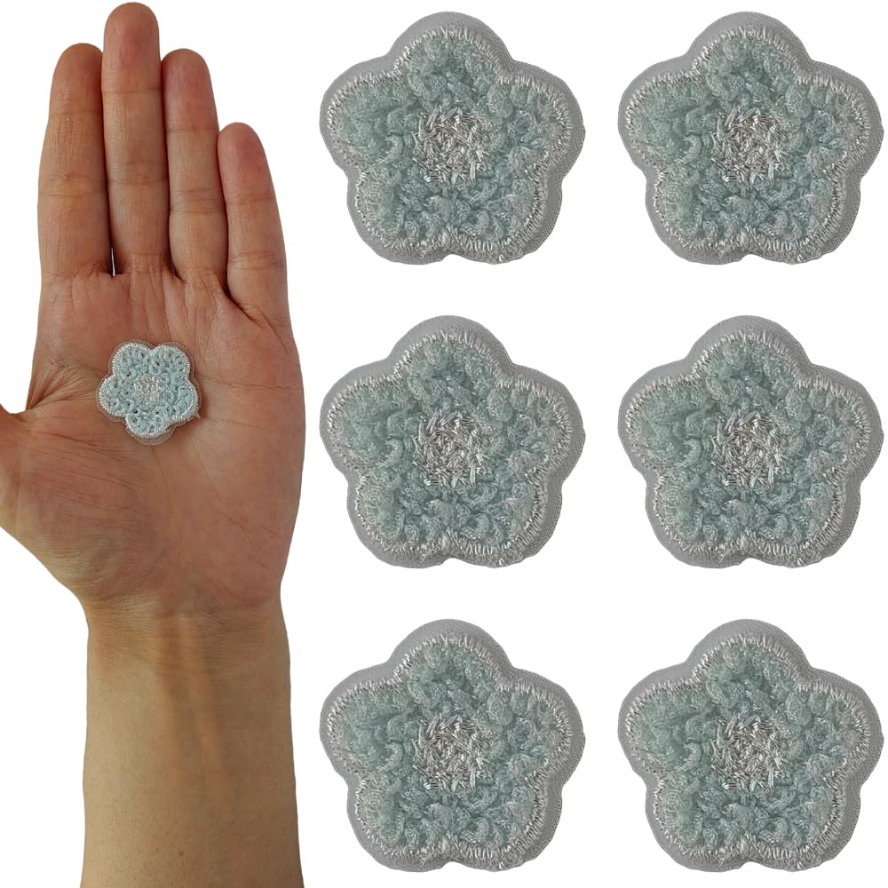 S.A.V.I Set of 6 DIY Flower-Shaped Silver Light Blue - Non-Adhesive Embroidered Appliqué Patches for Clothes, Bags, Jackets, Hats, Craft Decoration