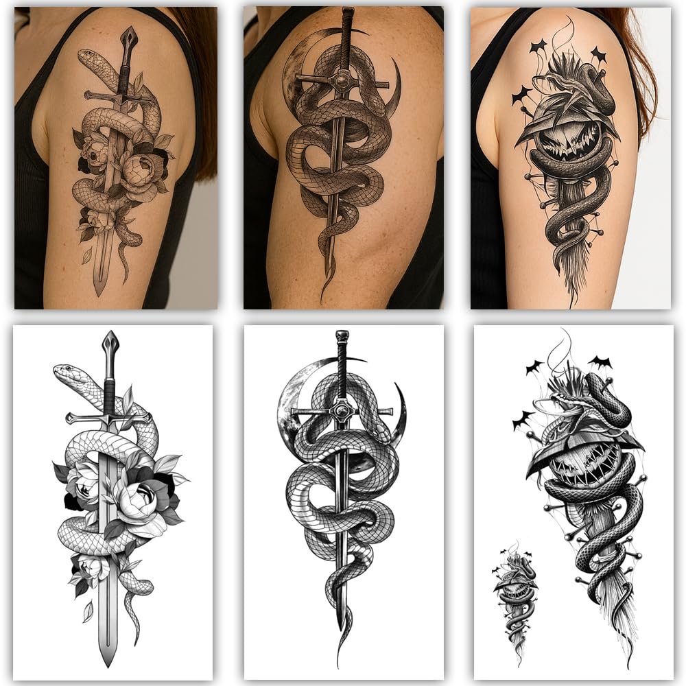 S.A.V.I 3 Serpentine Snake Sword Temporary Tattoo Sheets for Men & Women | Large 21x11cm Black Realistic Waterproof Non-Toxic Body Art Stickers – Long Lasting, Easy to Apply & Remove (Snake-1)