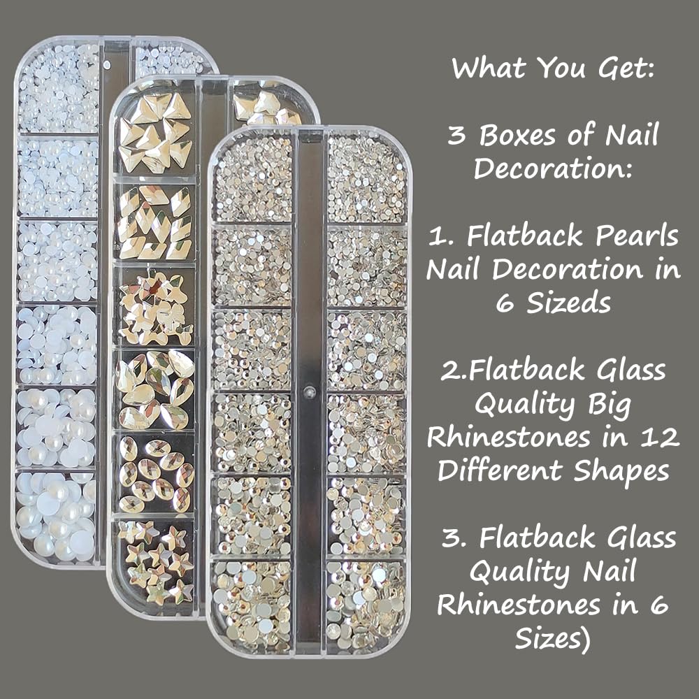 S.A.V.I 3 Box Nail Art Decoration Set | Flatback Pearls, Glass Rhinestones – 6 Sizes, 12 Shapes | White & Crystal Nail Gems for DIY Nail Art, Manicure, Salon & Home Use