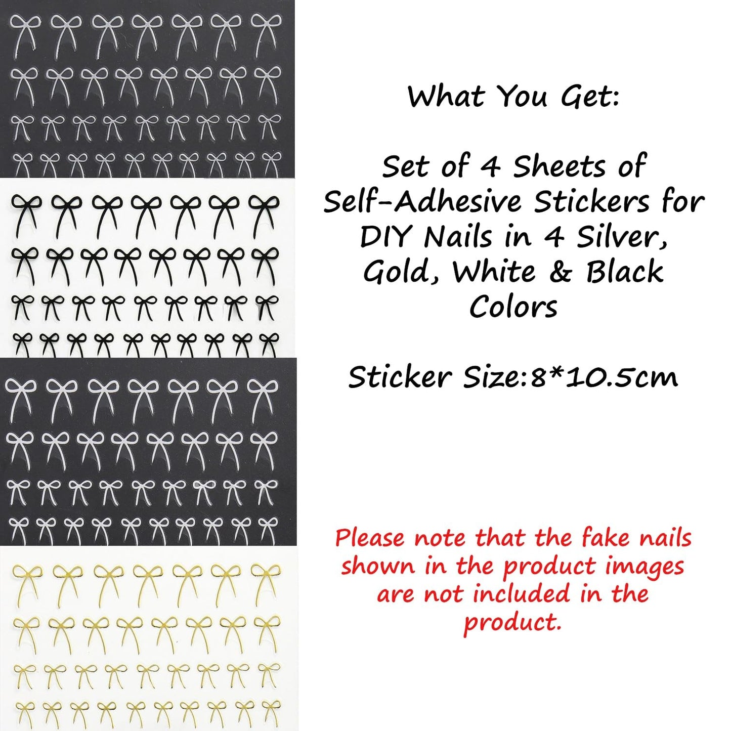 S.A.V.I 4 Sheets Bow Nail Art Stickers for Women – Self-Adhesive DIY Manicure Decals in Black, White, Gold & Silver | Elegant Thin Ribbon Design for Nail Decoration & Extensions (8x10.5cm)