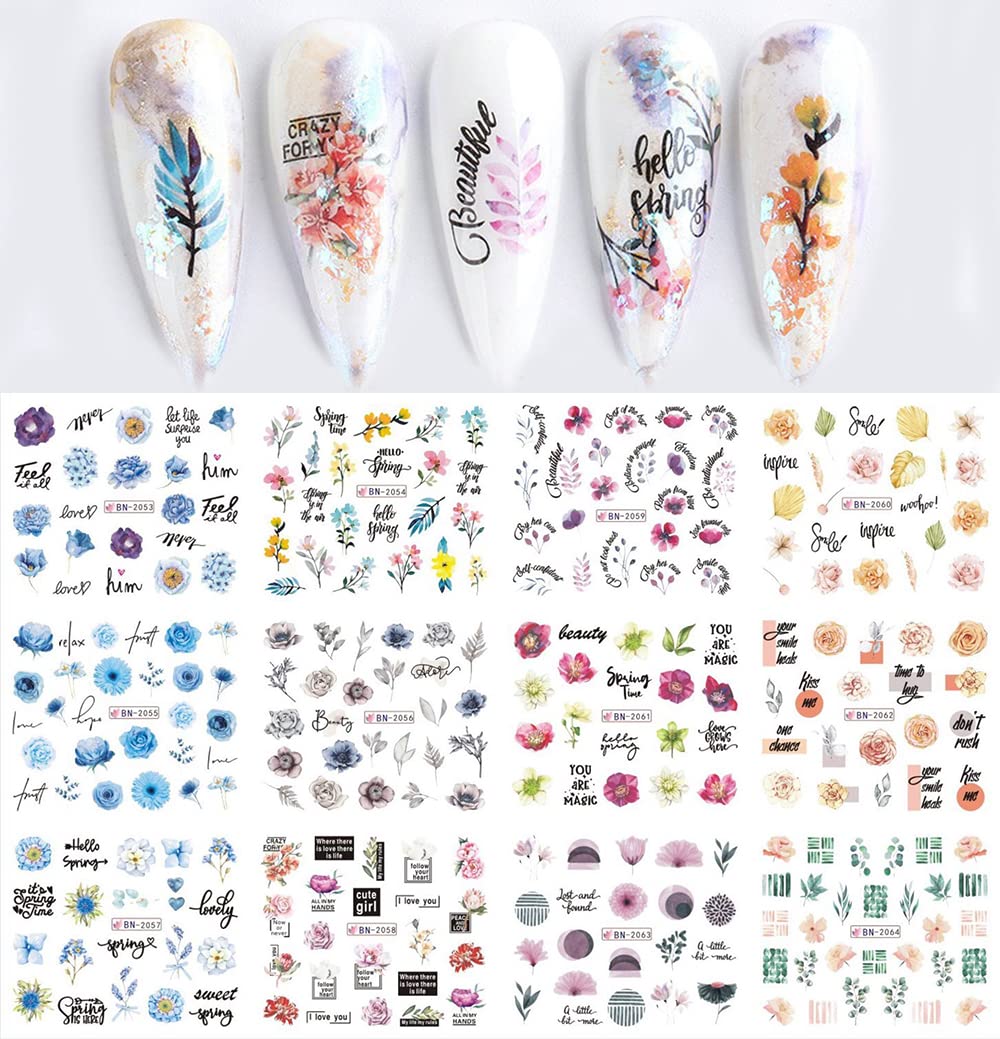 S.A.V.I 12 Sheets Water Transfer, Nail Fashion Sticker Decal, Flower Leaf DIY Manicure For Women
