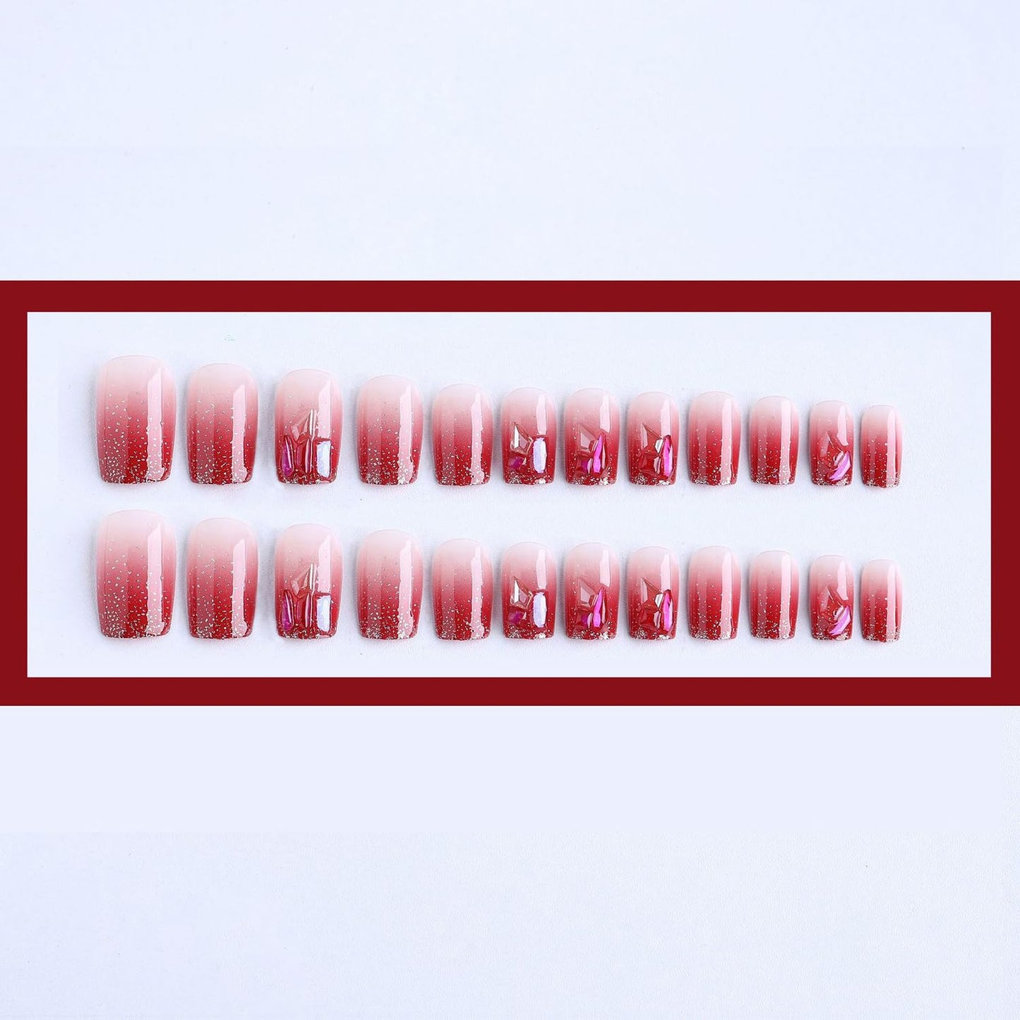 S.A.V.I 24pcs Square Medium Length Nude & Red Glitter Fake Nails with Rhinestones | Reusable Salon-Quality Nail Art| Includes Glue & Adhesive Tabs for DIY Manicure at Home