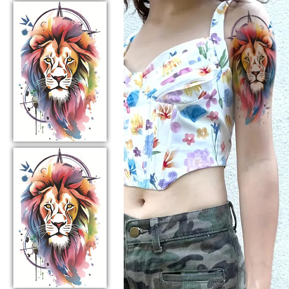 S.A.V.I 2 Sheets Vibrant Lion Temporary Tattoos - Watercolor Art Design, 19x12cm - Long-Lasting Waterproof, Easy to Apply, Ideal for Men Women - Festivals, Parties Events (Multi-Color)