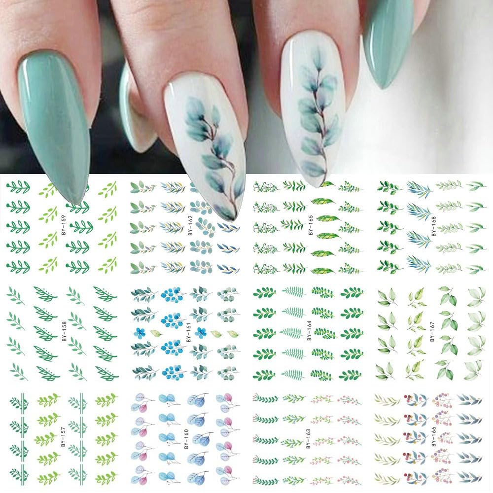S.A.V.I Floral Nail Decals - 12 Green Plant Designs, Water Transfer Nail Art Stickers