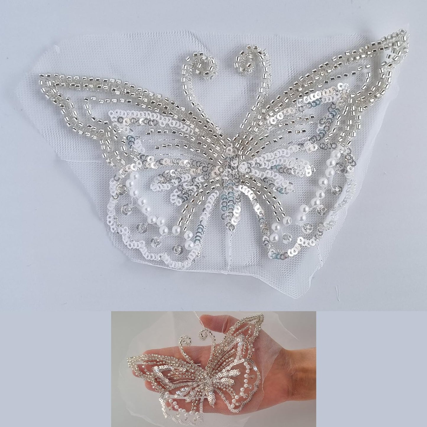 S.A.V.I Silver 3D Butterfly Applique Patch | Embroidered Beaded Sequin Lace | 15x9 cm Sew-On Patch for Bridal, Ethnic Wear, Saree, Blouse, Lehenga, Gown DIY Craft Sewing Accessory
