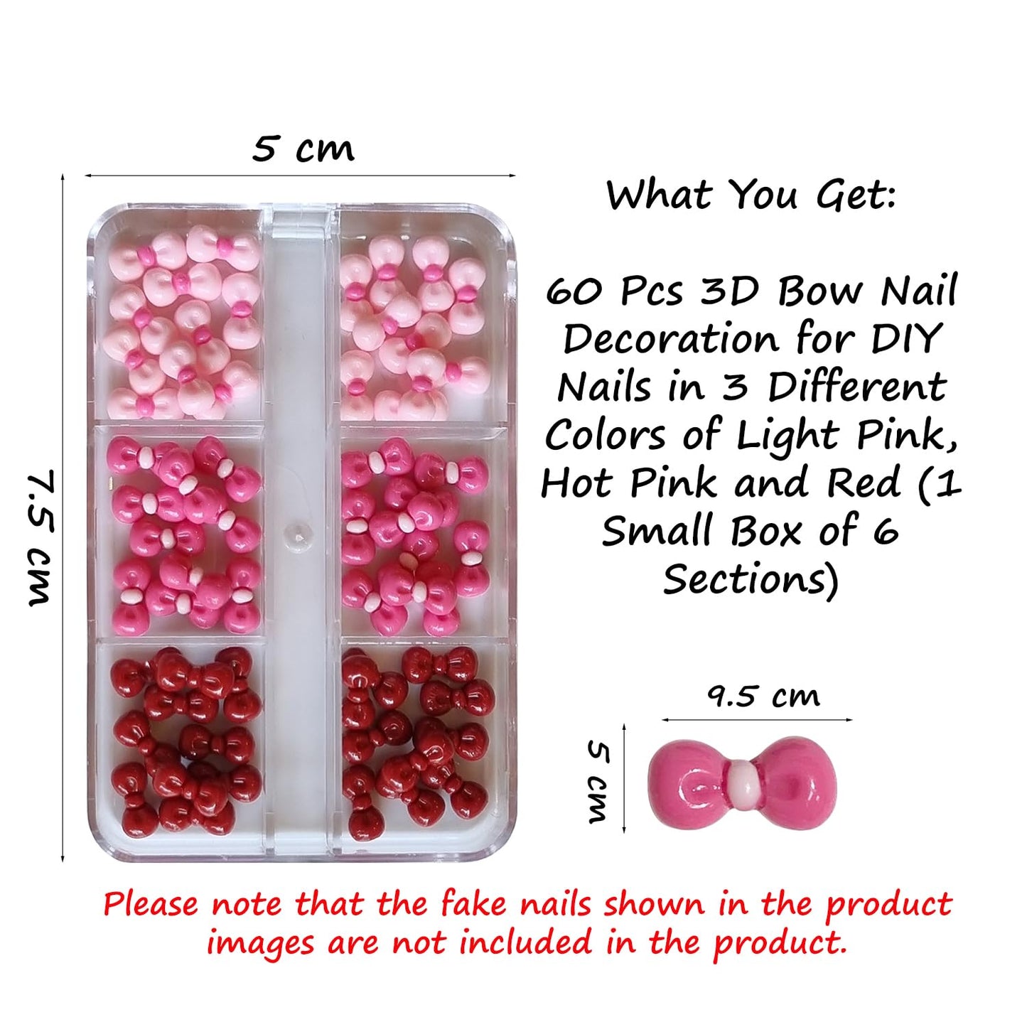 S.A.V.I 60 Pcs 3D Bow Nail Art Decorations – Light Pink, Hot Pink & Red Acrylic Mini Bows for DIY Nail Design, Manicure & Pedicure Accessories with 6-Section Storage Box
