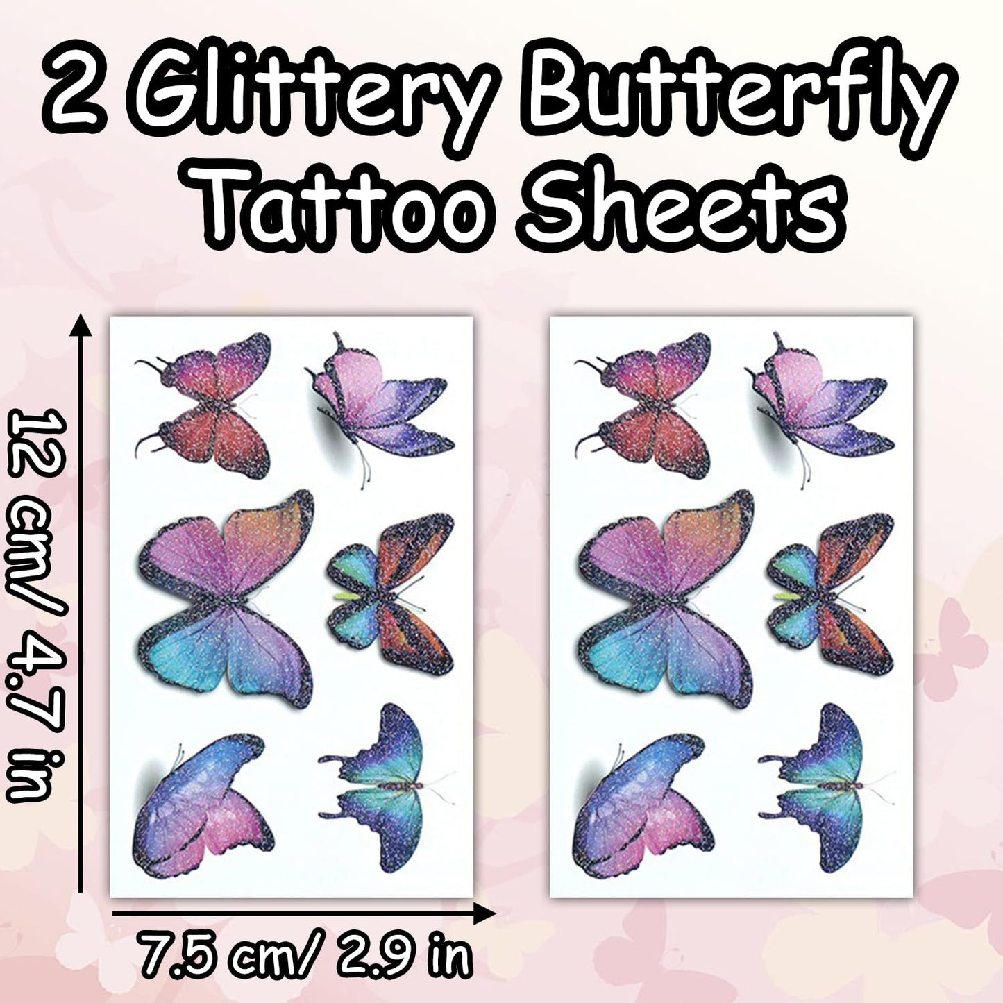 S.A.V.I 2 Pcs Glitter Butterfly Temporary Tattoo Stickers - Vibrant Pink, Purple, Blue Orange, 12 cm x 7.5 cm, Sparkly Realistic Skin-Friendly Waterproof Tattoos for Girls Women, Parties Festivals