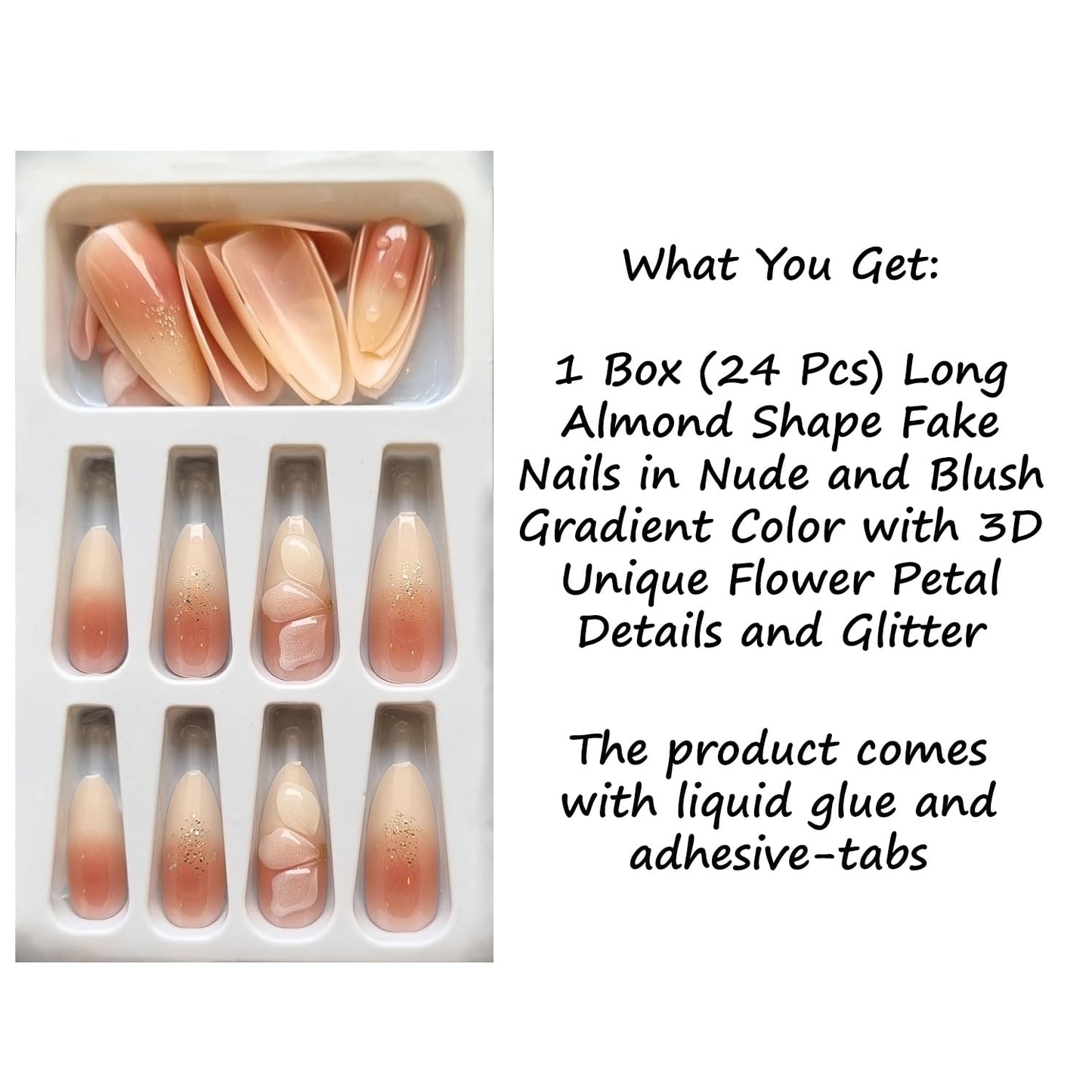 S.A.V.I 24Pcs Long Almond Fake Nails Nude Blush Gradient with 3D Flower, Glitter Tips – Reusable Press On Acrylic Nails Set with Glue & Tabs for Women & Girls – Nail Art Extension