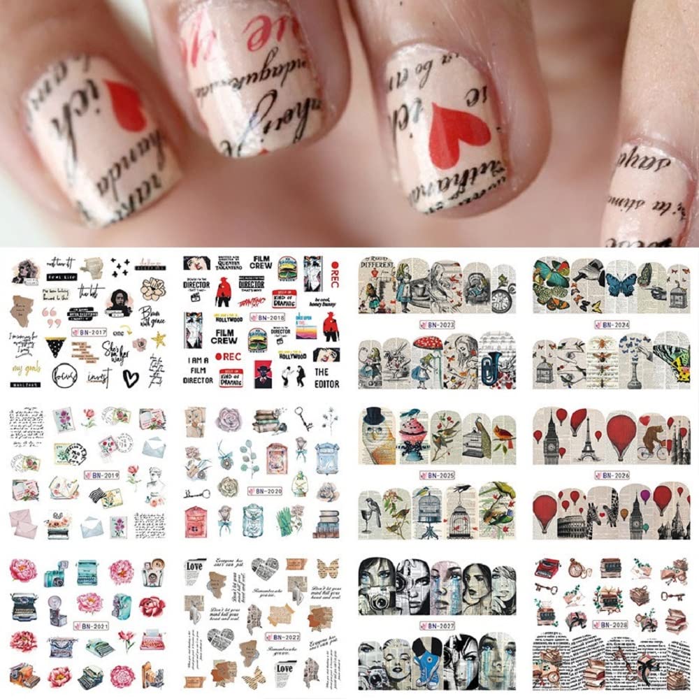 S.A.V.I 12 Sheets of DIY Nail Art Water Transfer Decals, Letters, News Paper, Love, Valentine's Day, Nail Stickers, Nail Tattoo Stickers